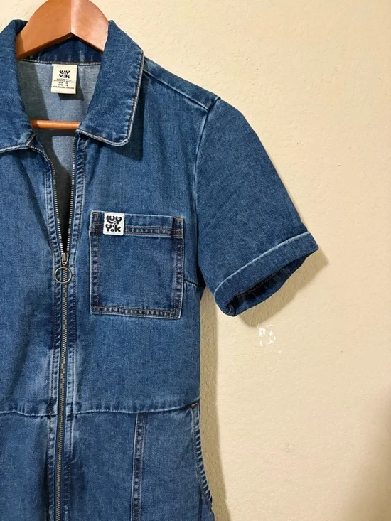 Lucy & Yak Ragan Blue Cotton Denim Short-Sleeve Wide-Leg Zip Up Jumpsuit Side 4 - Picture 3 of 16